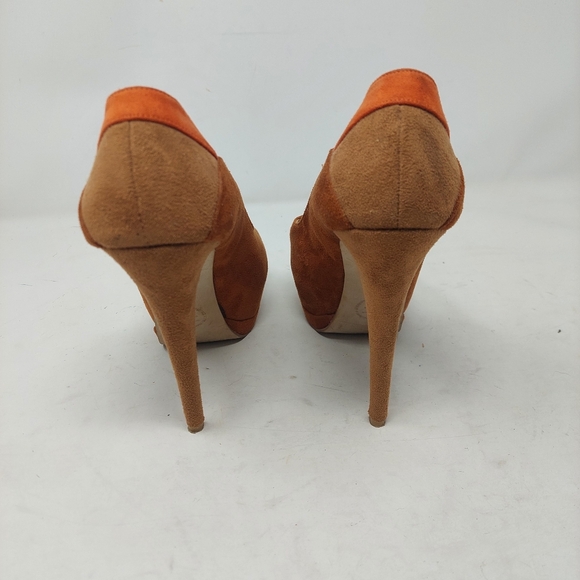 LOB Footwear Brown Orange Faux Suede Two Tone Platform Peep Toe High Heels Sz 6 - Picture 3 of 10